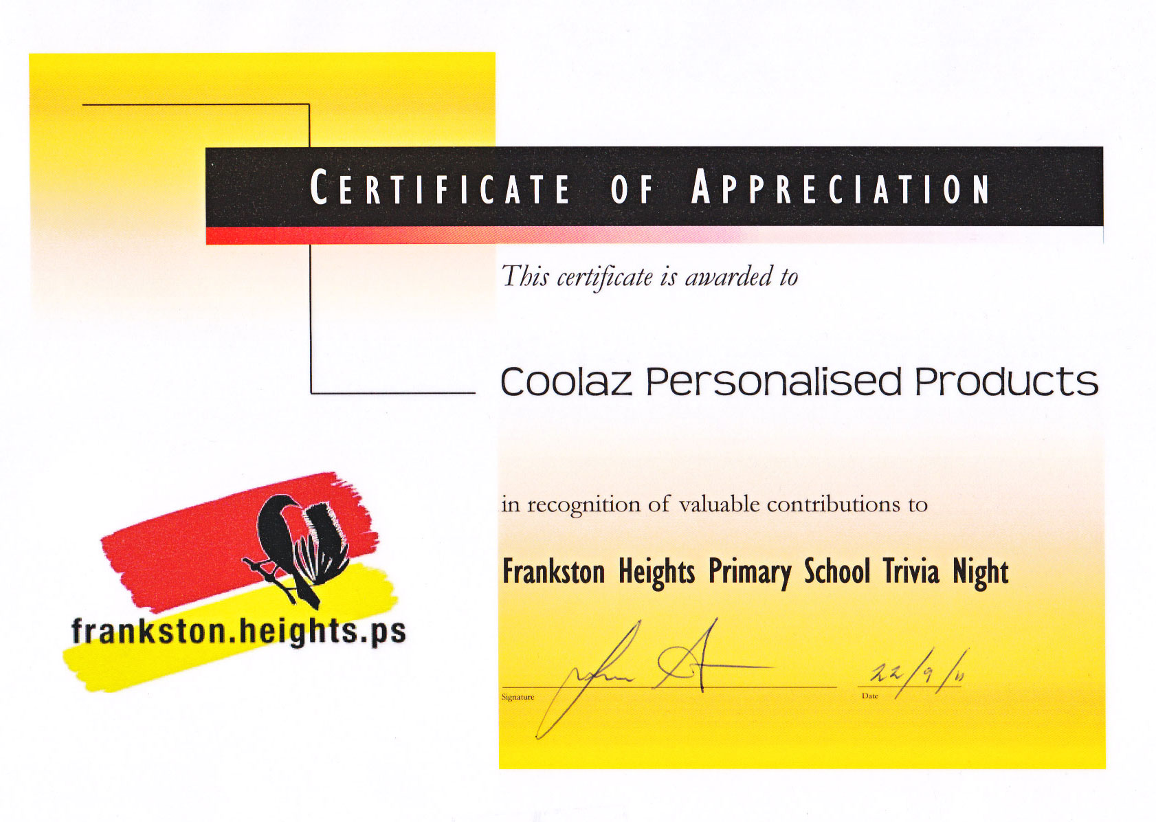 Certificate Frankston Heights Fundraiser