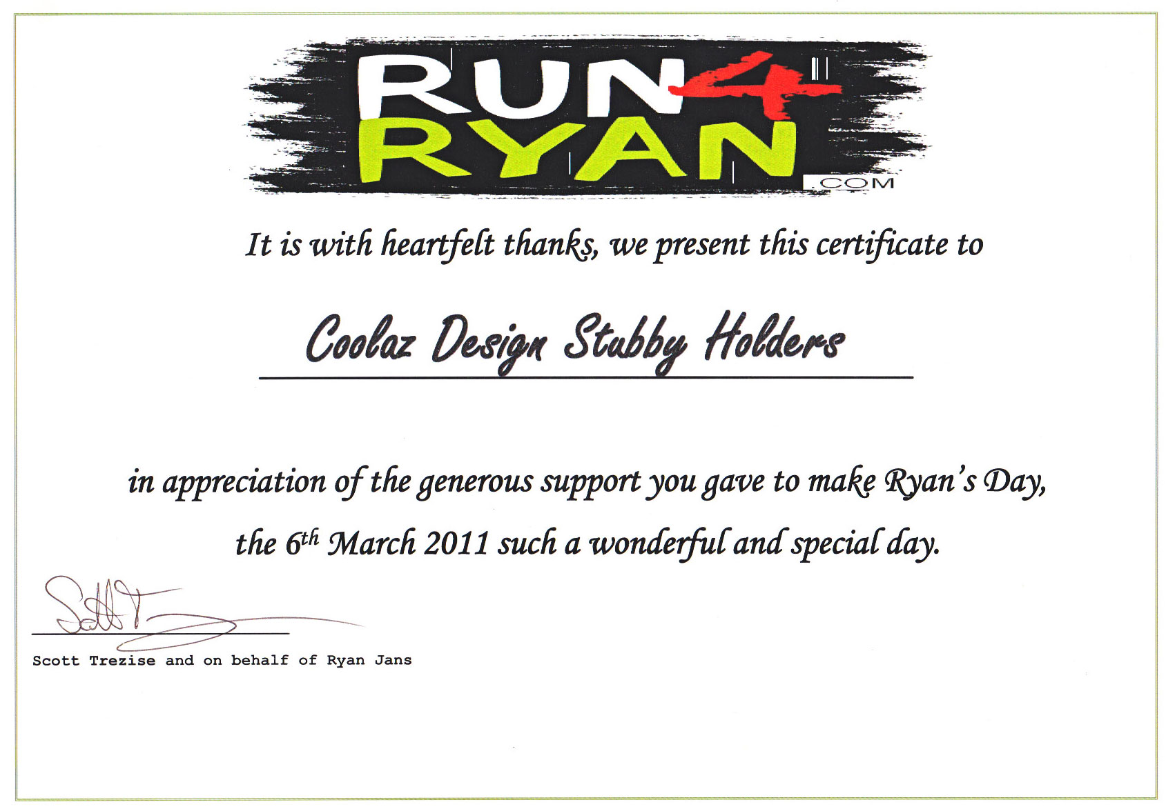 Certificate Run4Ryan Charity